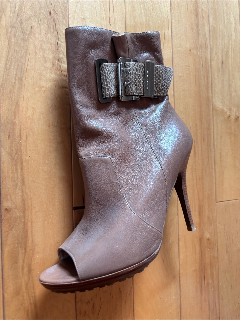 Michael Kors Brown Leather Peep-Toe Ankle Boot with Buckle Detail